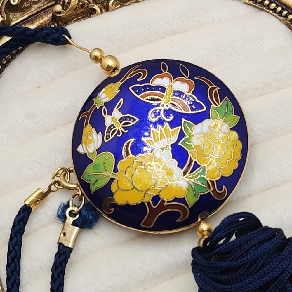 Boho Vintage Cloisonne Blue Enamel Butterfly Floral Tassel Pendant‎ Necklace